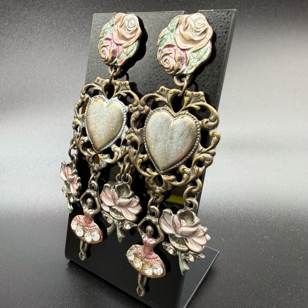 Vintage Banana Bob RARE Heart Rose Ballerina Rhinestone Dangle Earrings 3” drop - Picture 3 of 5
